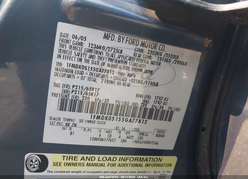 2005 FORD FREESTYLE SEL VIN: 1FMDK05155GA77812