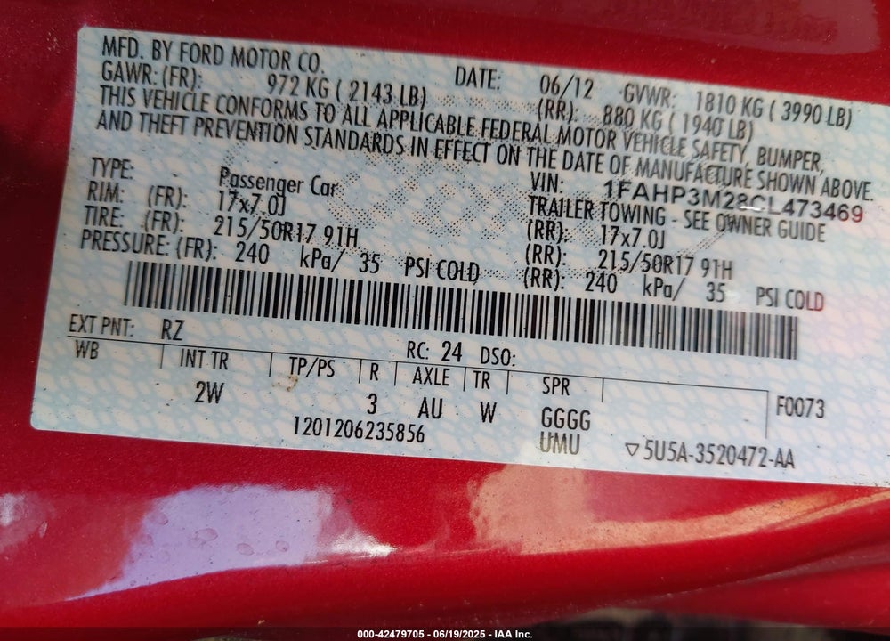 2012 FORD FOCUS VIN: 1FAHP3M28CL473469