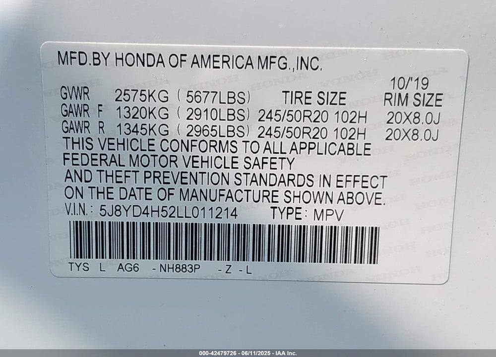 2020 ACURA MDX VIN: 5J8YD4H52LL011214