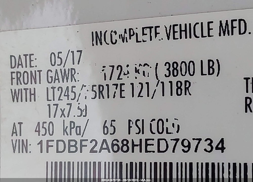 2017 FORD F-250 VIN: 1FDBF2A68HED79734