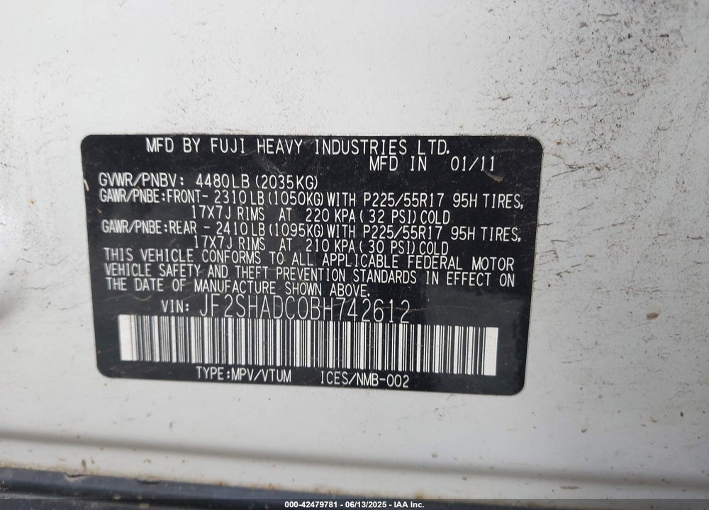 2011 SUBARU FORESTER VIN: JF2SHADC0BH742612