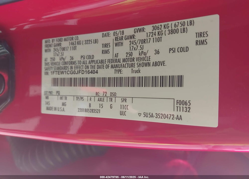 2018 FORD F-150 VIN: 1FTEW1CG0JFD16404