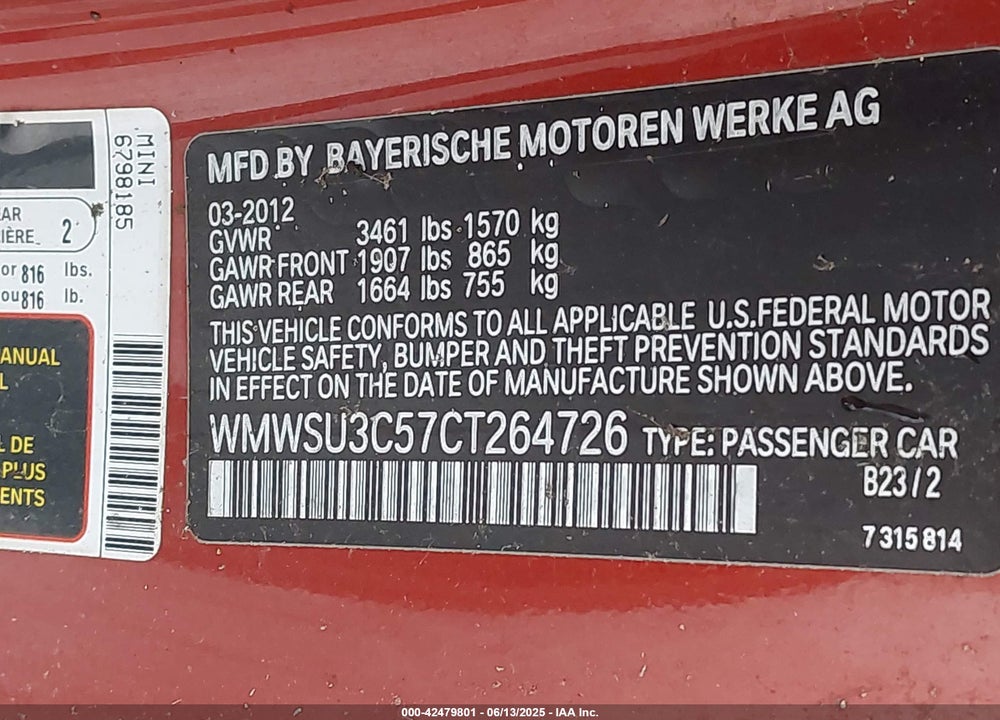 2012 MINI COOPER VIN: WMWSU3C57CT264726