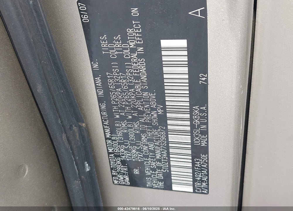 2007 TOYOTA SEQUOIA VIN: 5TDZT34A77S296872