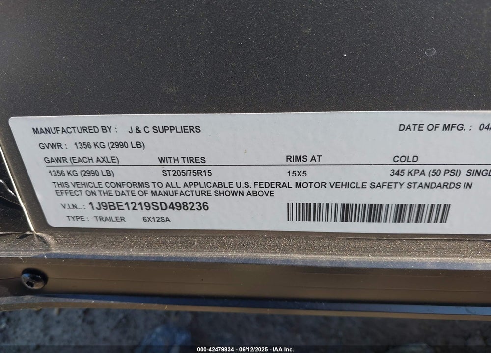 2025 JNC SUPPLIERS TRAILER VIN: 1J9BE1219SD498236