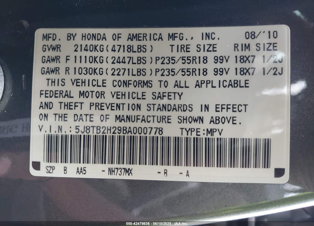 2011 ACURA RDX VIN: 5J8TB2H29BA000778