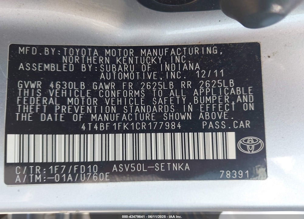 2012 TOYOTA CAMRY VIN: 4T4BF1FK1CR177984