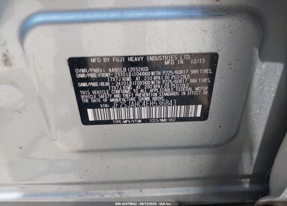 2014 SUBARU FORESTER VIN: JF2SJAHC4EH536843
