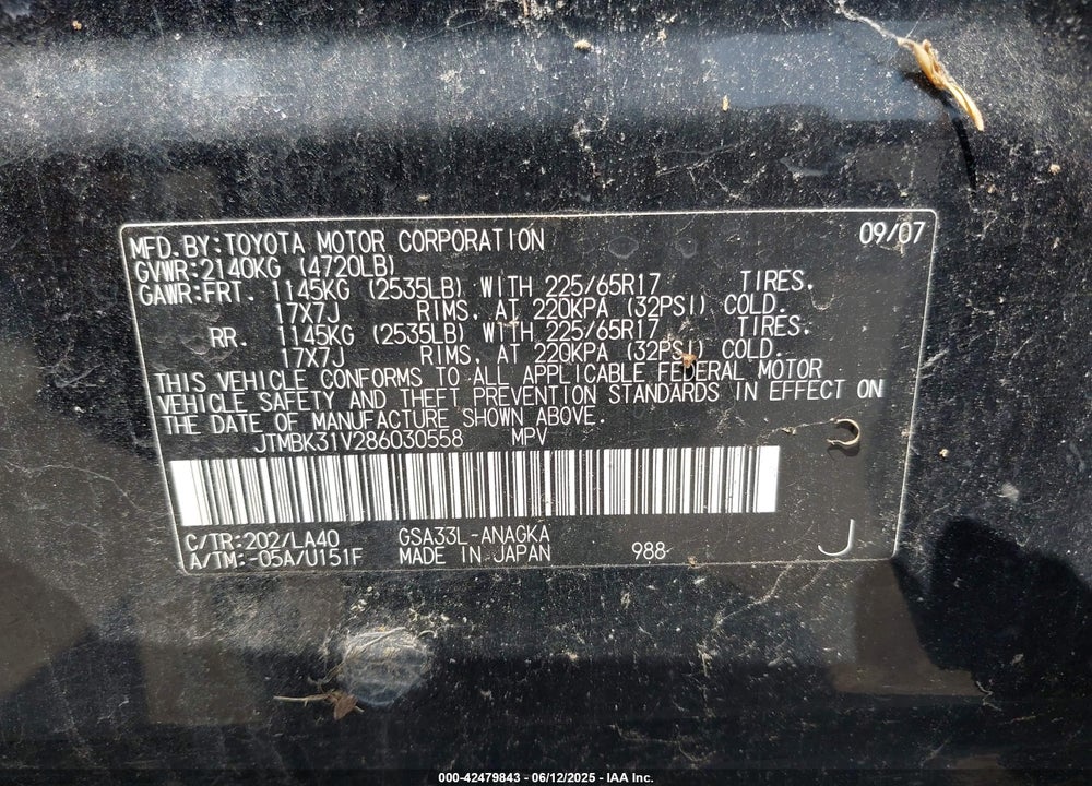2008 TOYOTA RAV4 LIMITED V6 VIN: JTMBK31V286030558