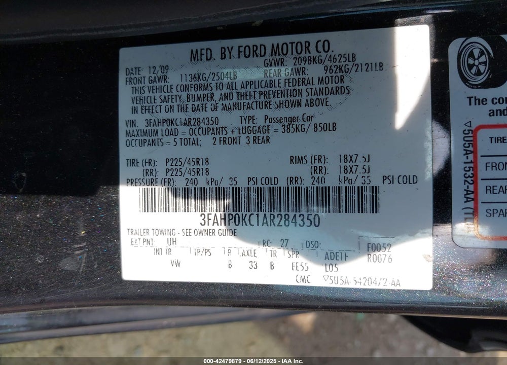 2010 FORD FUSION SPORT VIN: 3FAHP0KC1AR284350