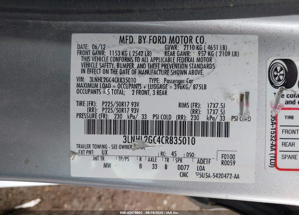 2012 LINCOLN MKZ VIN: 3LNHL2GC4CR835010