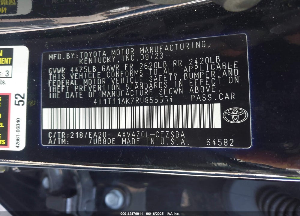 2024 TOYOTA CAMRY VIN: 4T1T11AK7RU855554