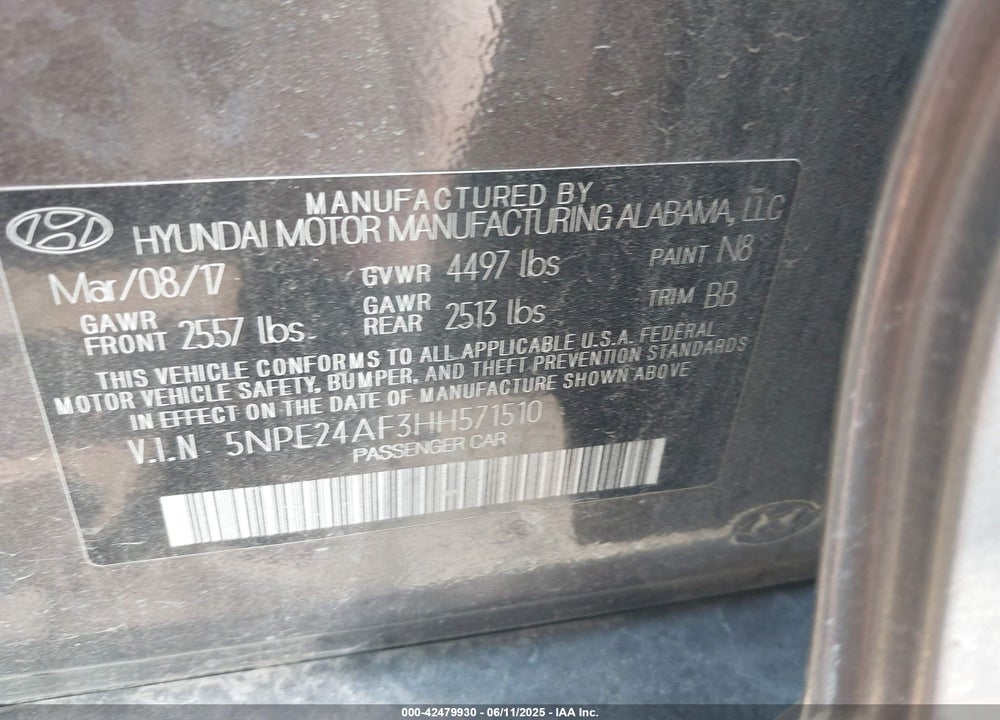 2017 HYUNDAI SONATA VIN: 5NPE24AF3HH571510