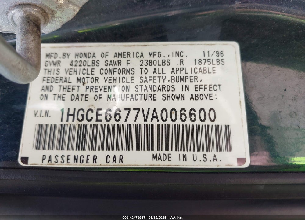 1997 HONDA ACCORD EX V6 VIN: 1HGCE6677VA006600