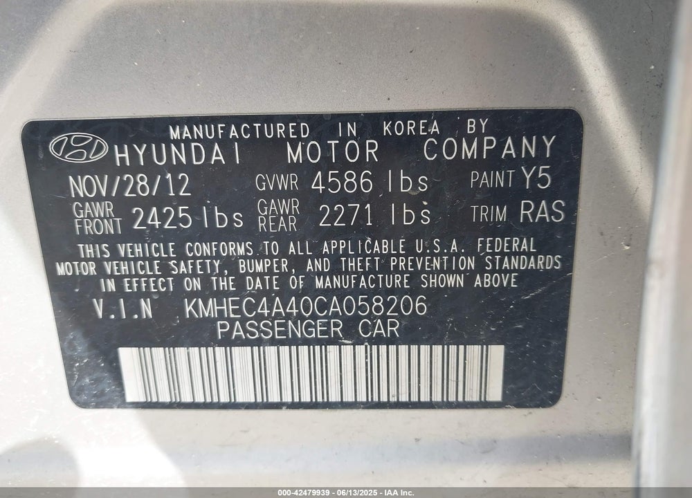 2012 HYUNDAI SONATA HYBRID VIN: KMHEC4A40CA058206