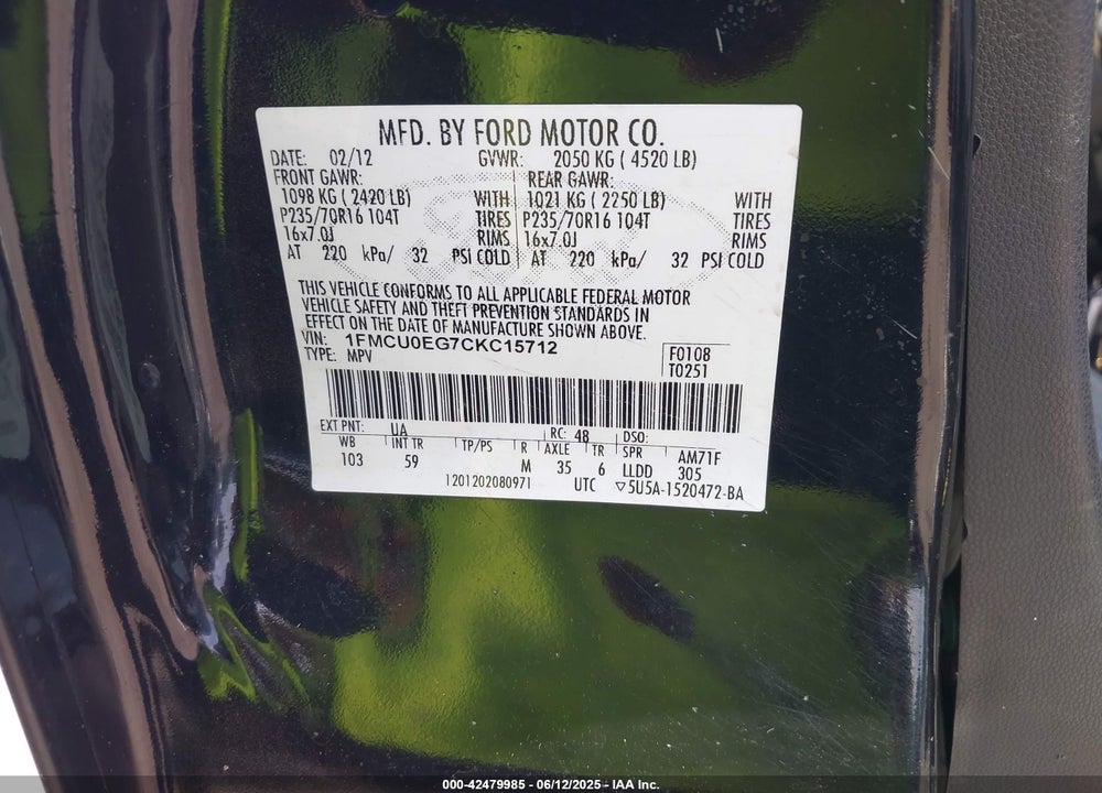 2012 FORD ESCAPE LIMITED VIN: 1FMCU0EG7CKC15712