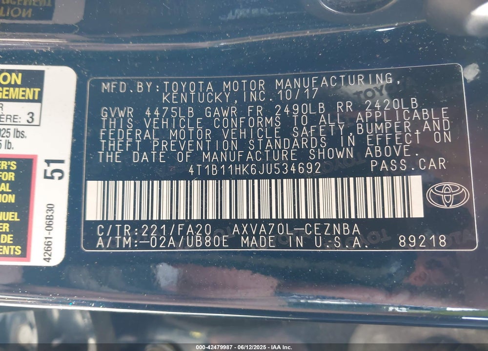 2018 TOYOTA CAMRY VIN: 4T1B11HK6JU534692