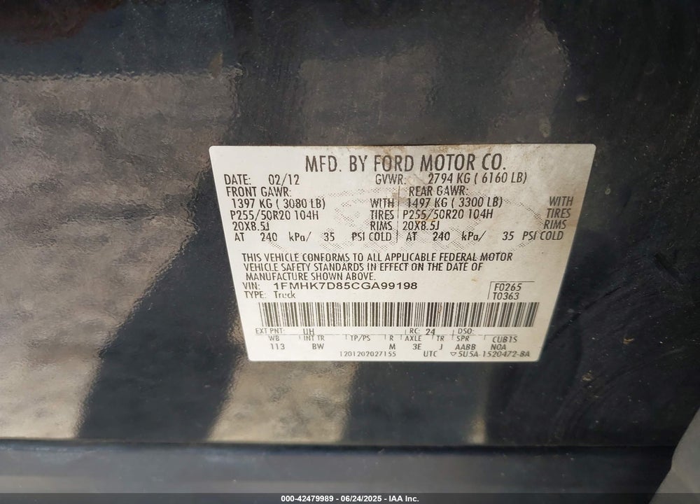 2012 FORD EXPLORER XLT VIN: 1FMHK7D85CGA99198