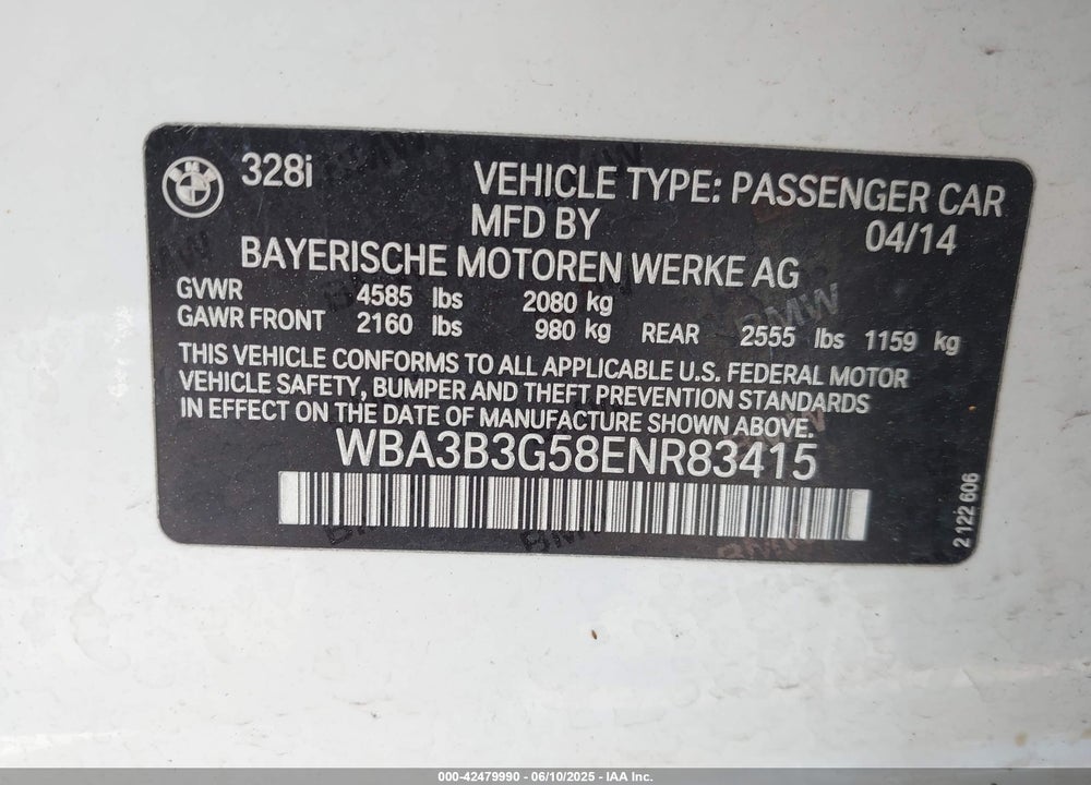 2014 BMW 3 SERIES VIN: WBA3B3G58ENR83415