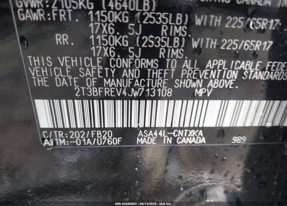 2018 TOYOTA RAV4 VIN: 2T3BFREV4JW713108
