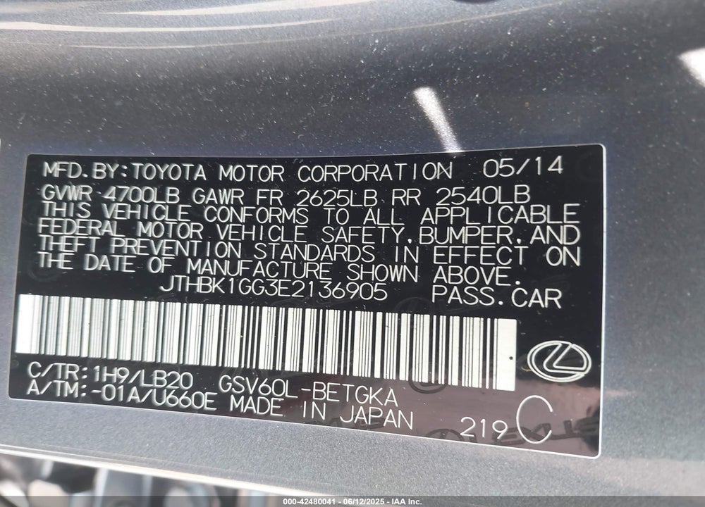 2014 LEXUS ES VIN: JTHBK1GG3E2136905