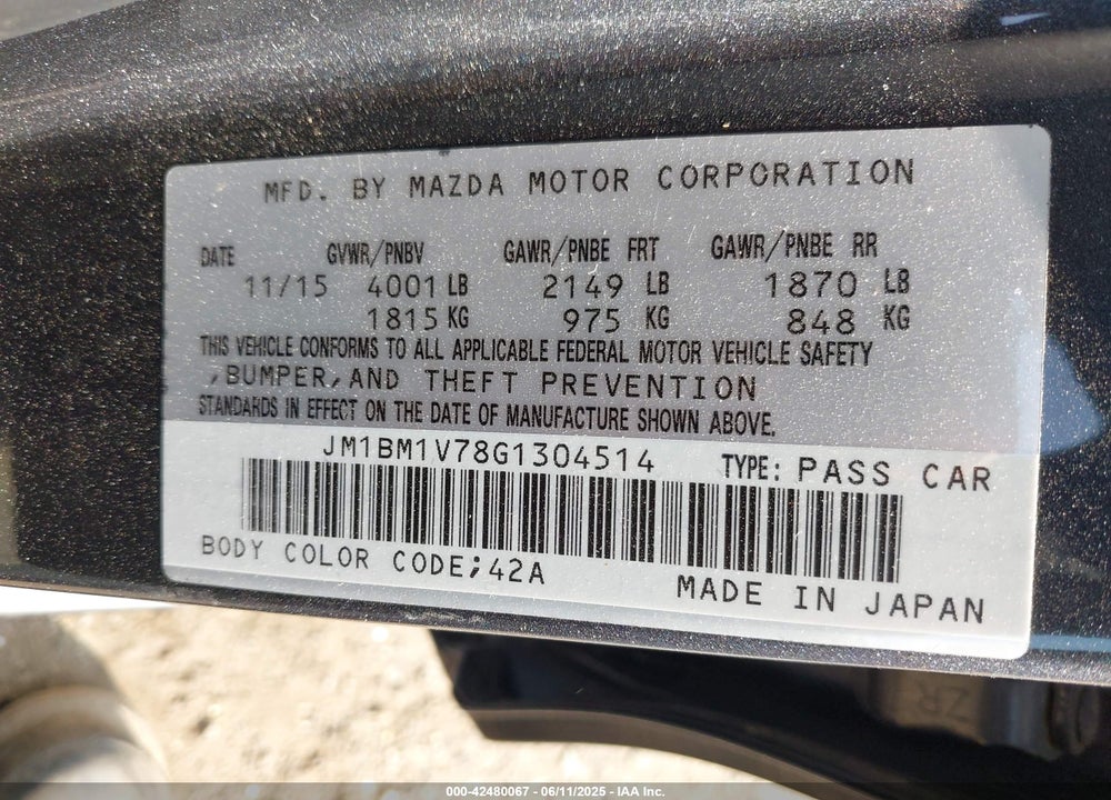 2016 MAZDA 3 VIN: JM1BM1V78G1304514