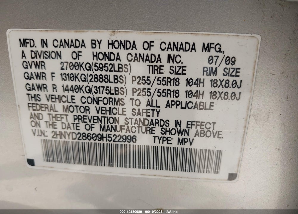 2009 ACURA MDX TECHNOLOGY PACKAGE VIN: 2HNYD28609H522996