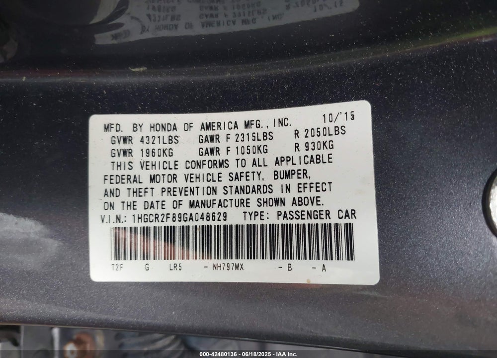 2016 HONDA ACCORD VIN: 1HGCR2F89GA048629