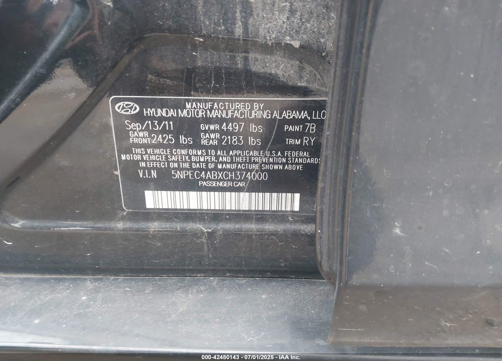 2012 HYUNDAI SONATA VIN: 5NPEC4ABXCH374000