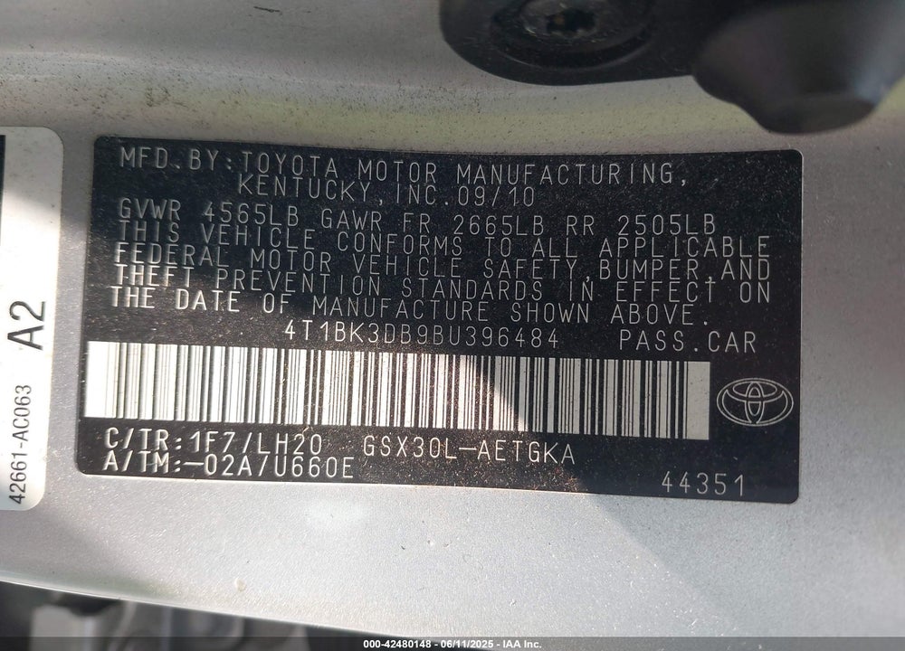 2011 TOYOTA AVALON VIN: 4T1BK3DB9BU396484