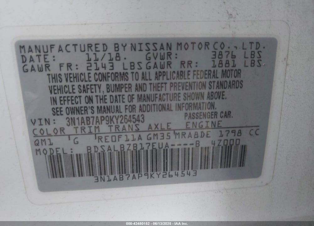 2019 NISSAN SENTRA VIN: 3N1AB7AP9KY264543
