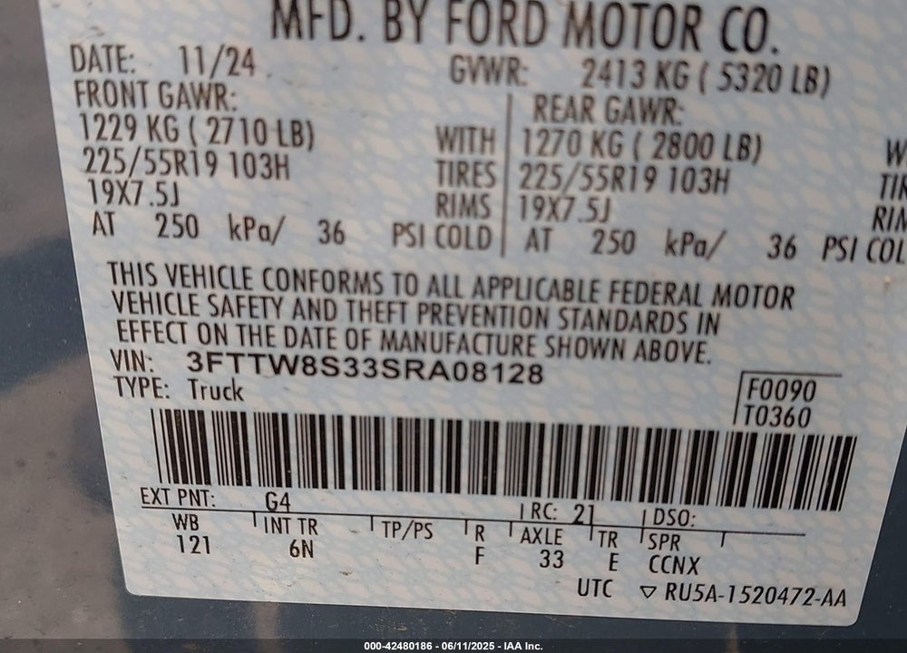 2025 FORD MAVERICK VIN: 3FTTW8S33SRA08128