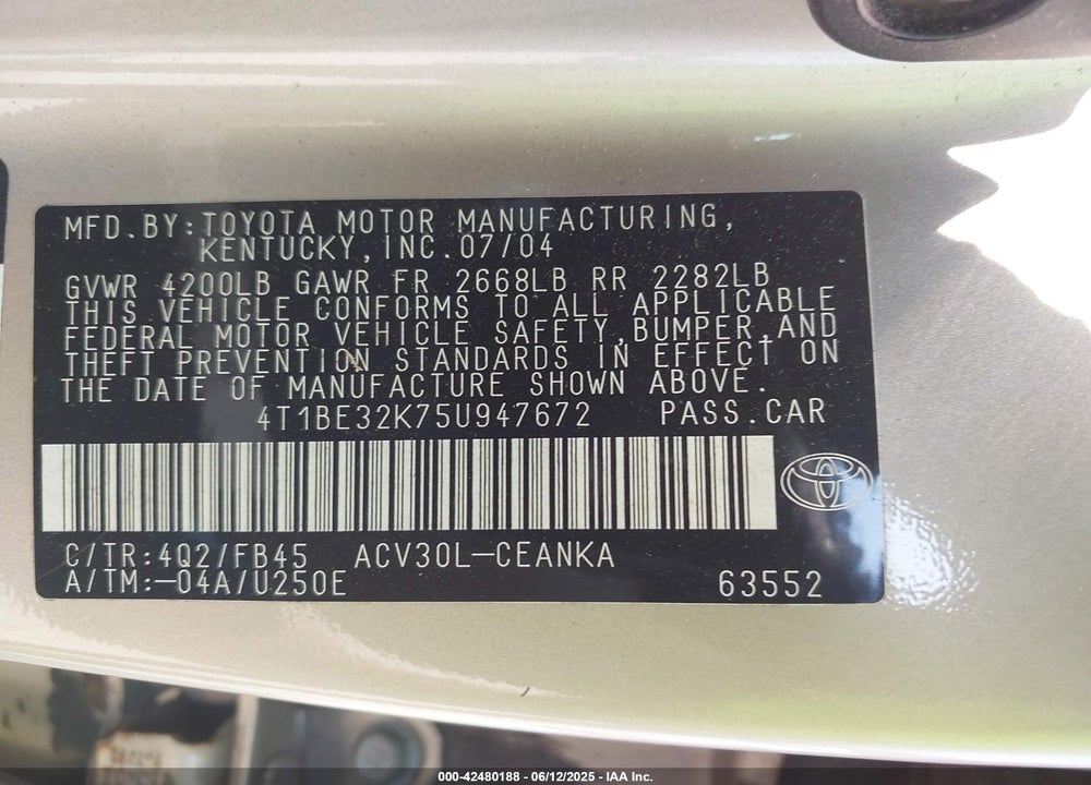 2005 TOYOTA CAMRY LE VIN: 4T1BE32K75U947672