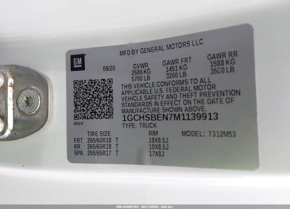 2021 CHEVROLET COLORADO VIN: 1GCHSBEN7M1139913