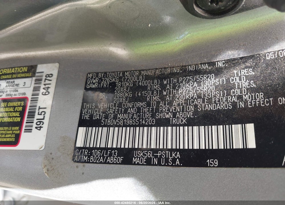 2008 TOYOTA TUNDRA VIN: 5TBDV58198S514203