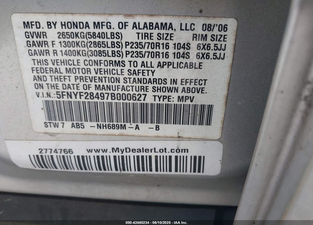 2007 HONDA PILOT VIN: 5FNYF28497B000627