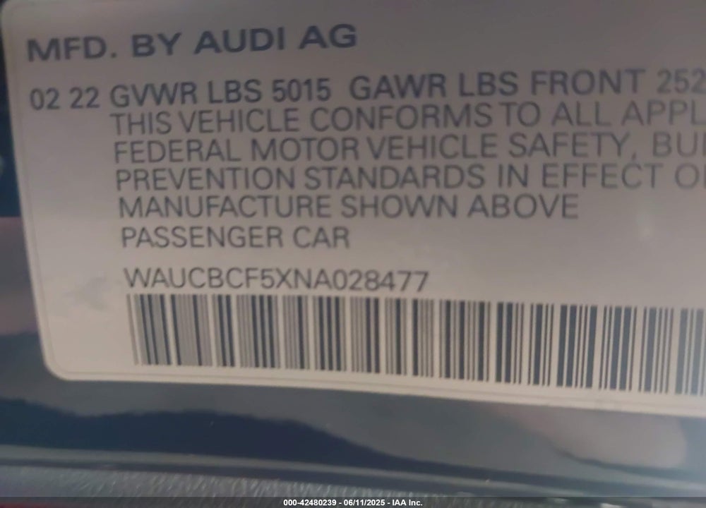 2022 AUDI A5 SPORTBACK VIN: WAUCBCF5XNA028477
