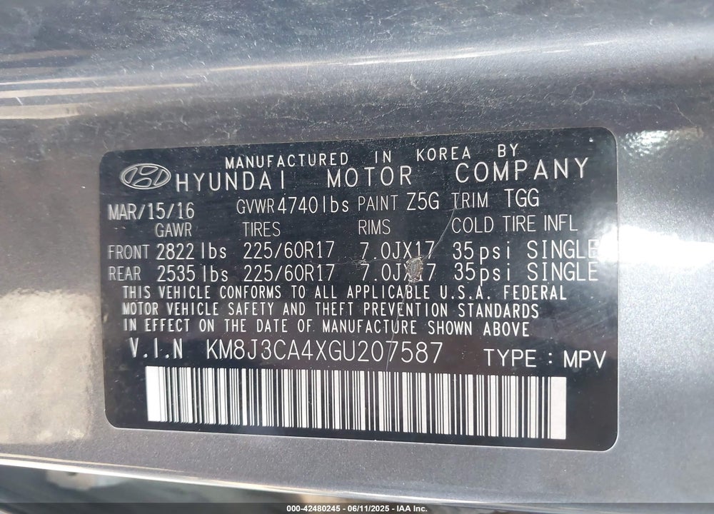 2016 HYUNDAI TUCSON VIN: KM8J3CA4XGU207587