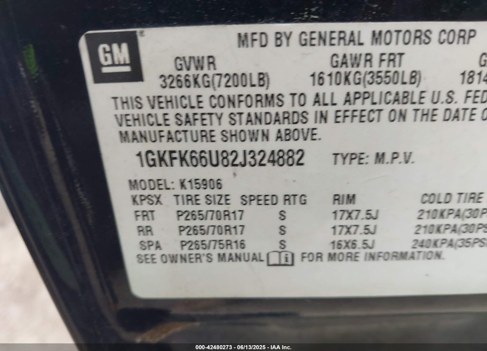 2002 GMC YUKON XL 1500 DENALI VIN: 1GKFK66U82J324882