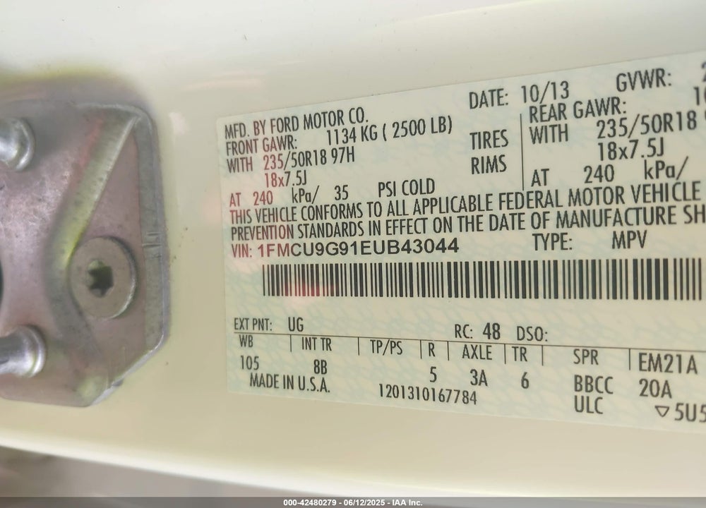 2014 FORD ESCAPE SE VIN: 1FMCU9G91EUB43044