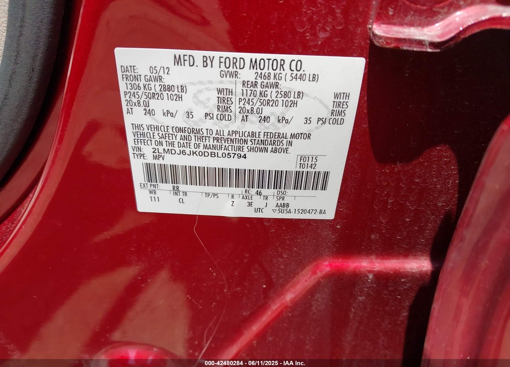 2013 LINCOLN MKX VIN: 2LMDJ6JK0DBL05794