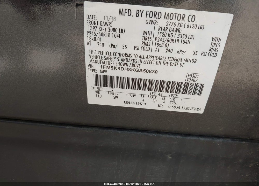 2019 FORD EXPLORER XLT VIN: 1FM5K8DH8KGA50830