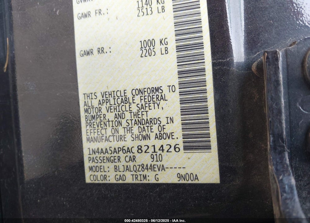 2010 NISSAN MAXIMA VIN: 1N4AA5AP6AC821426