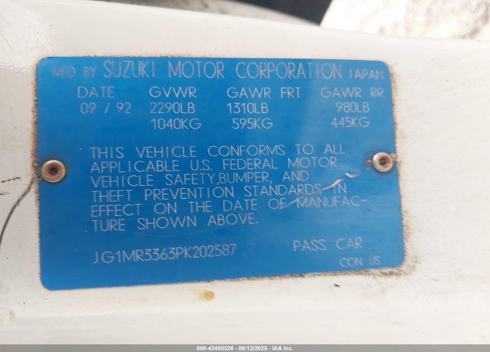 1993 GEO METRO VIN: JG1MR3363PK202587