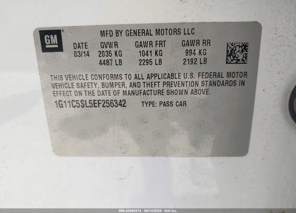 2014 CHEVROLET MALIBU VIN: 1G11C5SL5EF256342