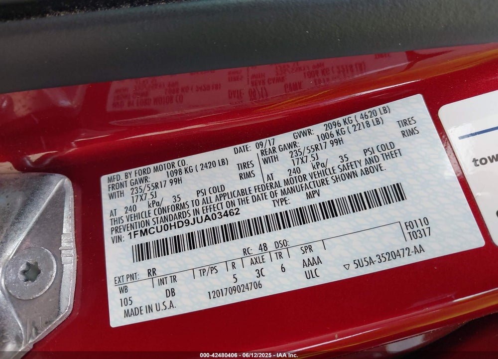2018 FORD ESCAPE VIN: 1FMCU0HD9JUA03462