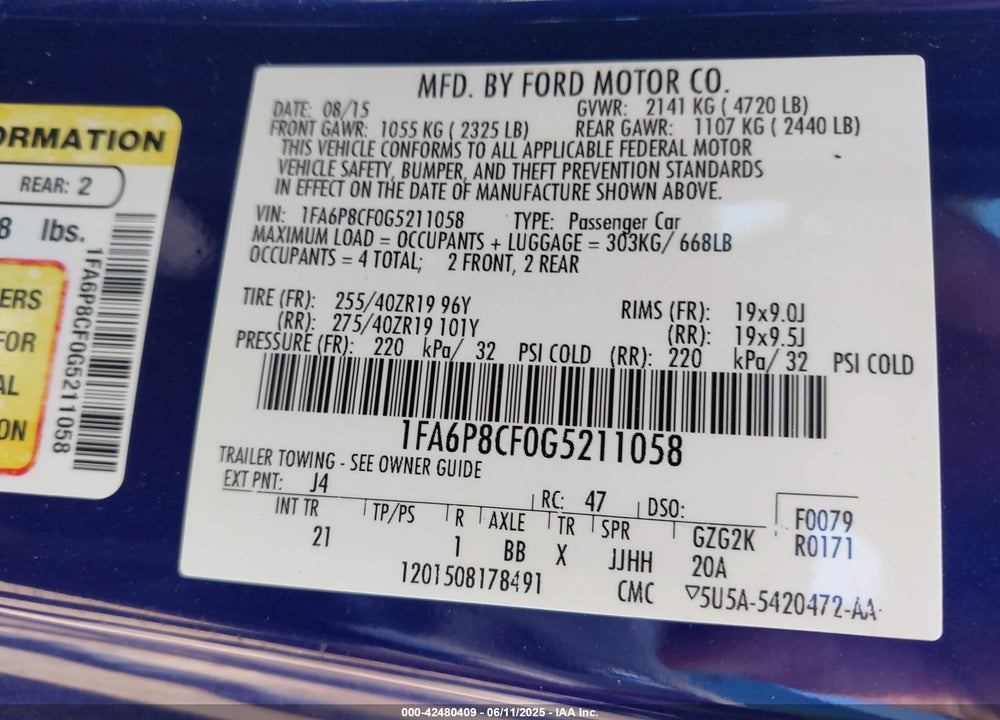 2016 FORD MUSTANG VIN: 1FA6P8CF0G5211058