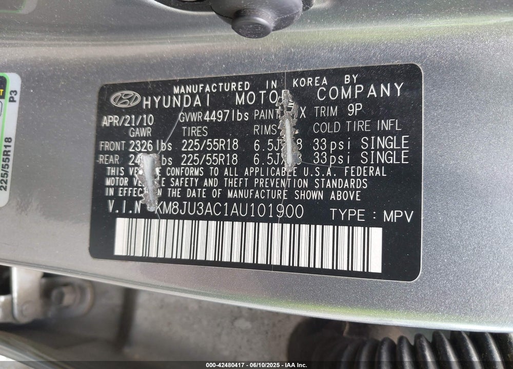 2010 HYUNDAI TUCSON VIN: KM8JU3AC1AU101900