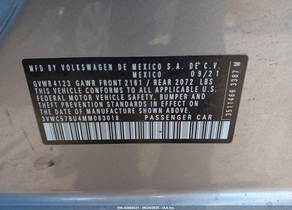 2021 VOLKSWAGEN JETTA VIN: 3VWC57BU4MM083018