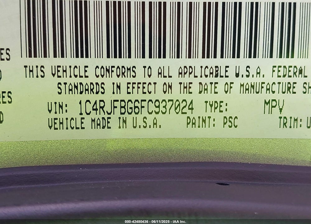 2015 JEEP GRAND CHEROKEE VIN: 1C4RJFBG6FC937024
